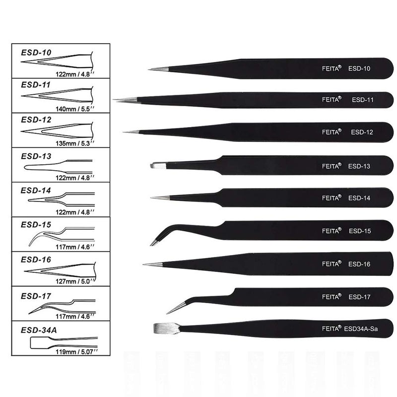 FEITA Precision Tweezer Set - FEITA Professional ESD Stainless Steel Anti static Tweezers Kit for Electronic, craft, Jewelry, Watchmakers, Hobby (Black 9 Pcs) - Image 3
